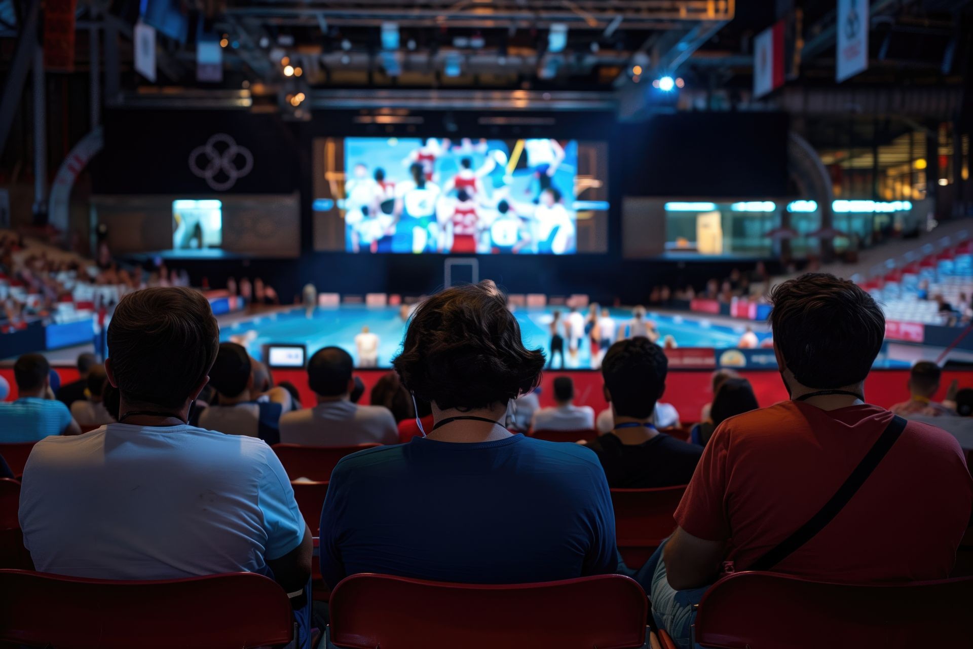 People seated in a stadium, watching a sports event on a large screen with a blurred background.