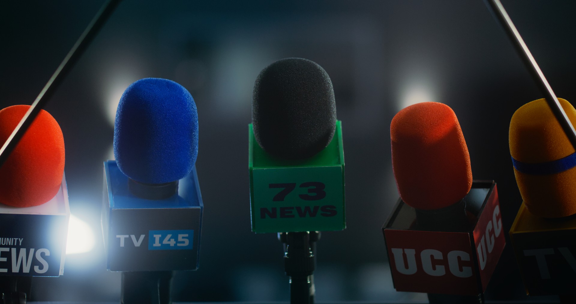 Close up of speech tribune with microphones for interview for media or breaking news